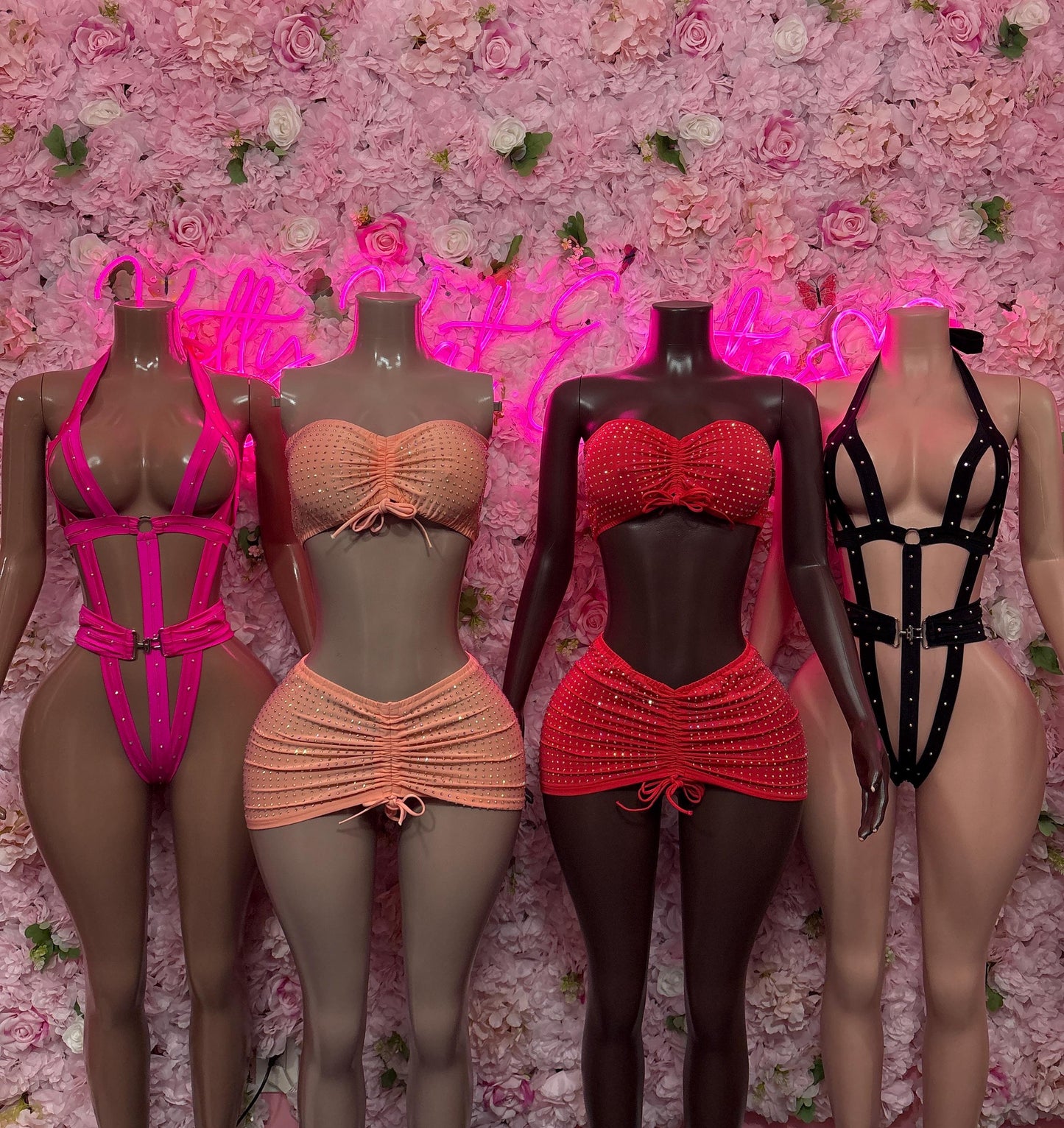 Exotic Dancewear Peach Rhinestone - Skirt Set, Bartender Sexy for Performers, Events, or Special Occasions