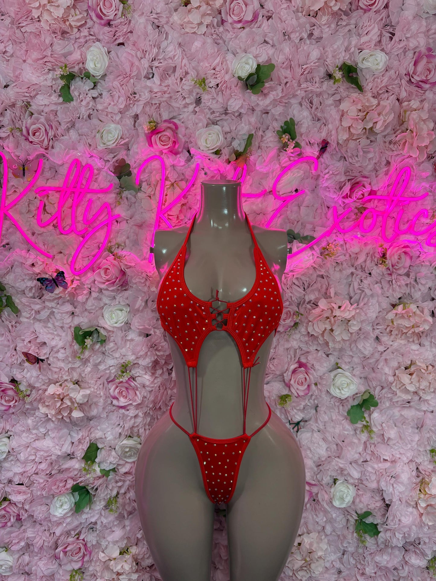 Rave Outfit Women One-Piece Red Rhinestone Slingshot Bartender | Exotic Dancewear Festival wear Rave Outfit