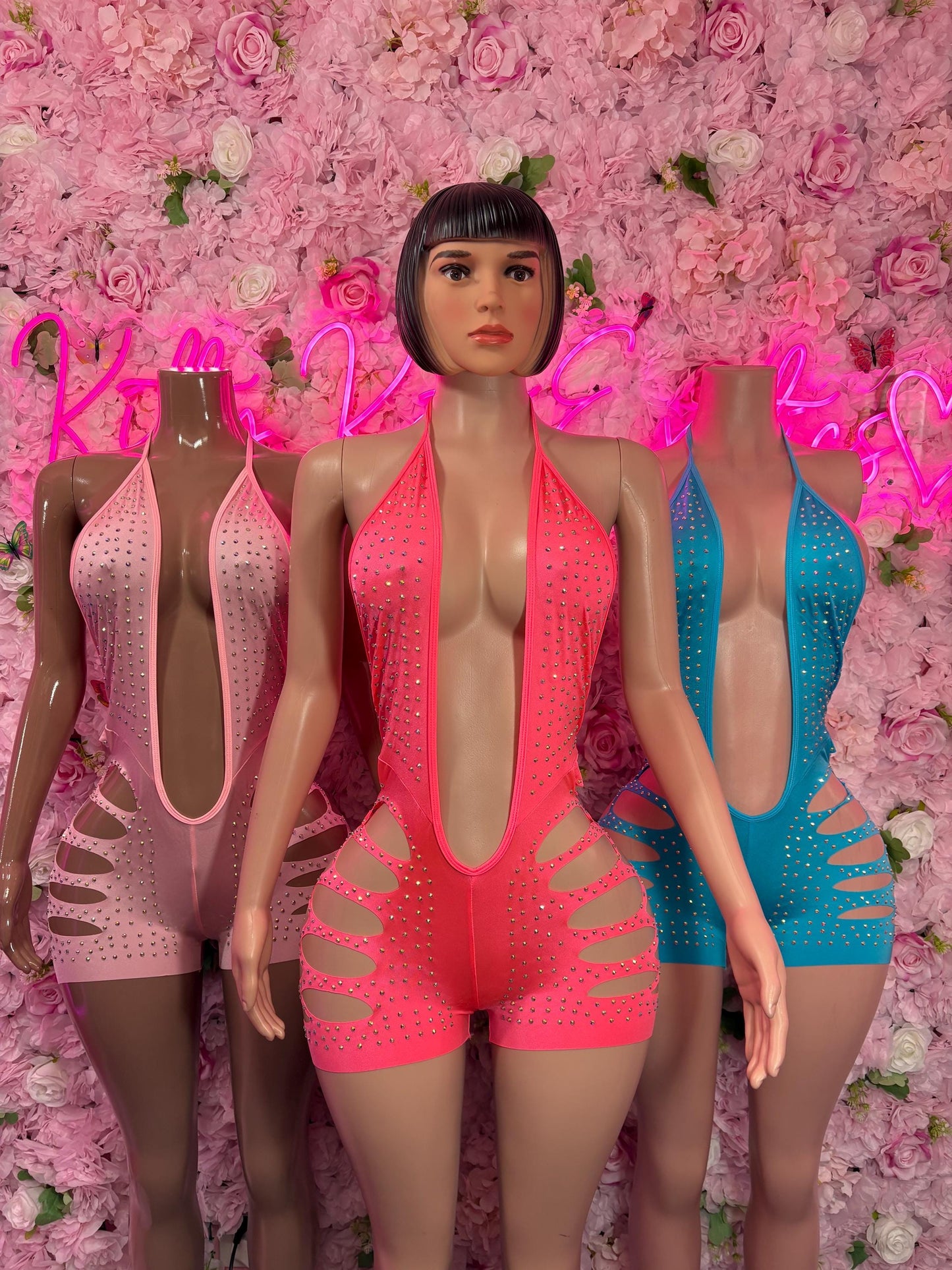 Festival Clothing One-Piece Coral Rhinestone Bodysuit Bartender | Exotic Dancewear Festival wear Rave Outfit