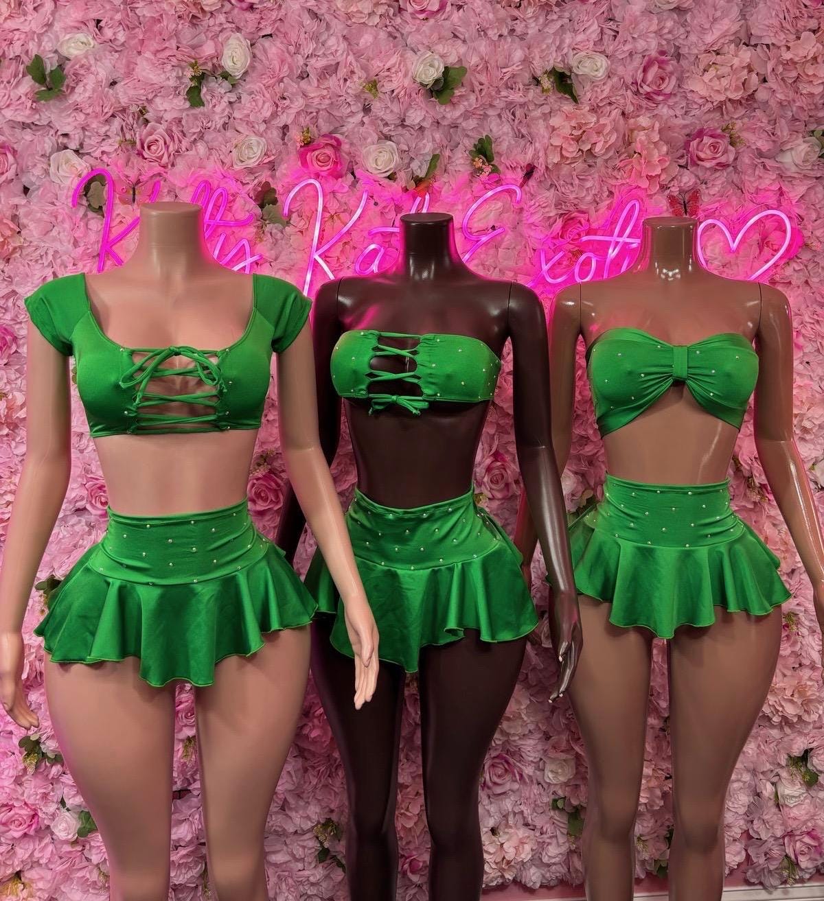 St Patricks Day Green Skirt Set , Bodysuit - Exotic Dancewear, Bartender Sexy for Performers, Events, or Special Occasions