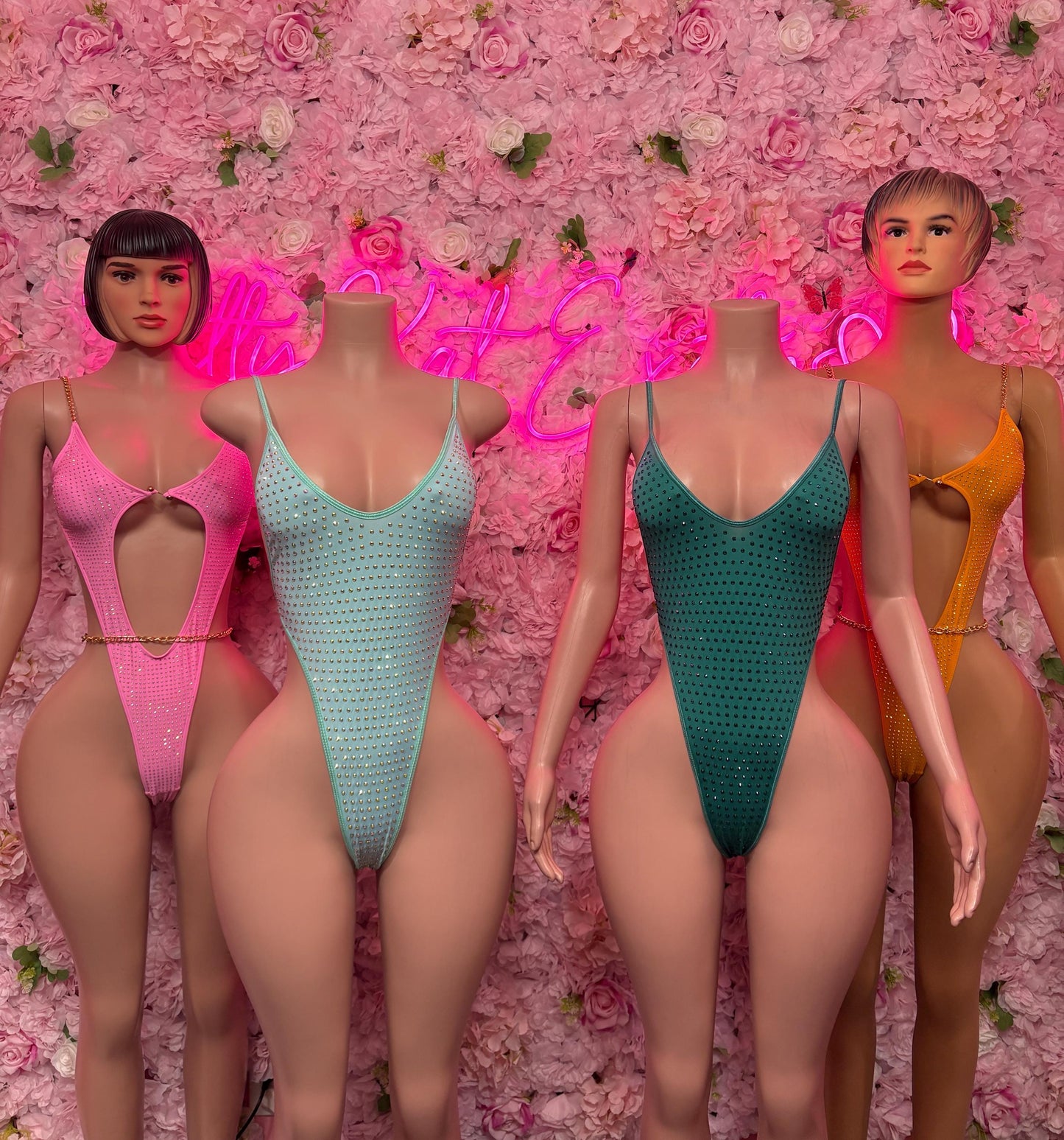 Rave Bodysuit Pink Rhinestone - Exotic Dancewear, Bartender Sexy for Performers, Events, or Special Occasions