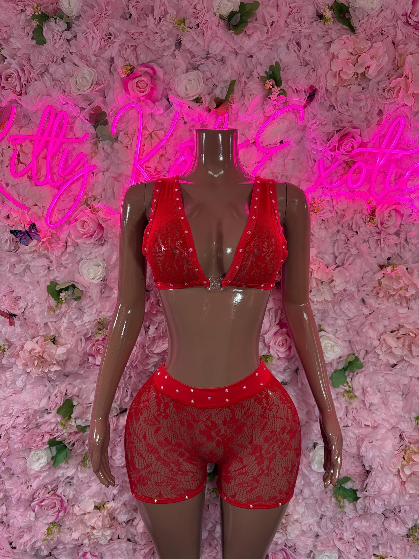 Exotic Dancer Two-Piece Fishnet Bodysuit - Red | Exotic Dancewear for Performers, Raves, & Festival Clothing