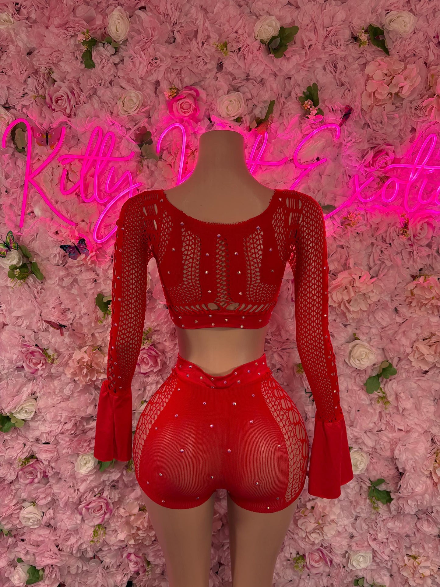 Exotic Dancer Two - Piece Fishnet Bodysuit - Red | Exotic Dancewear for Performers, Raves, & Festival Clothing