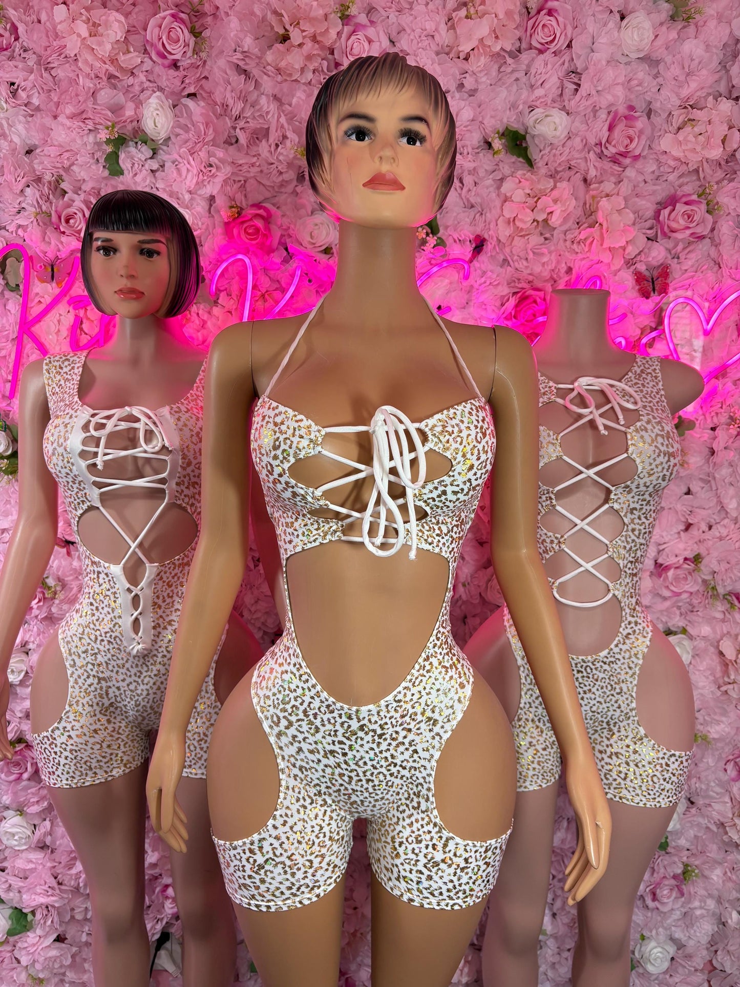 Bottle Girl One-Piece Bodysuit - White gold Cheetah Design | Exotic Dancewear for Performers, Raves, &