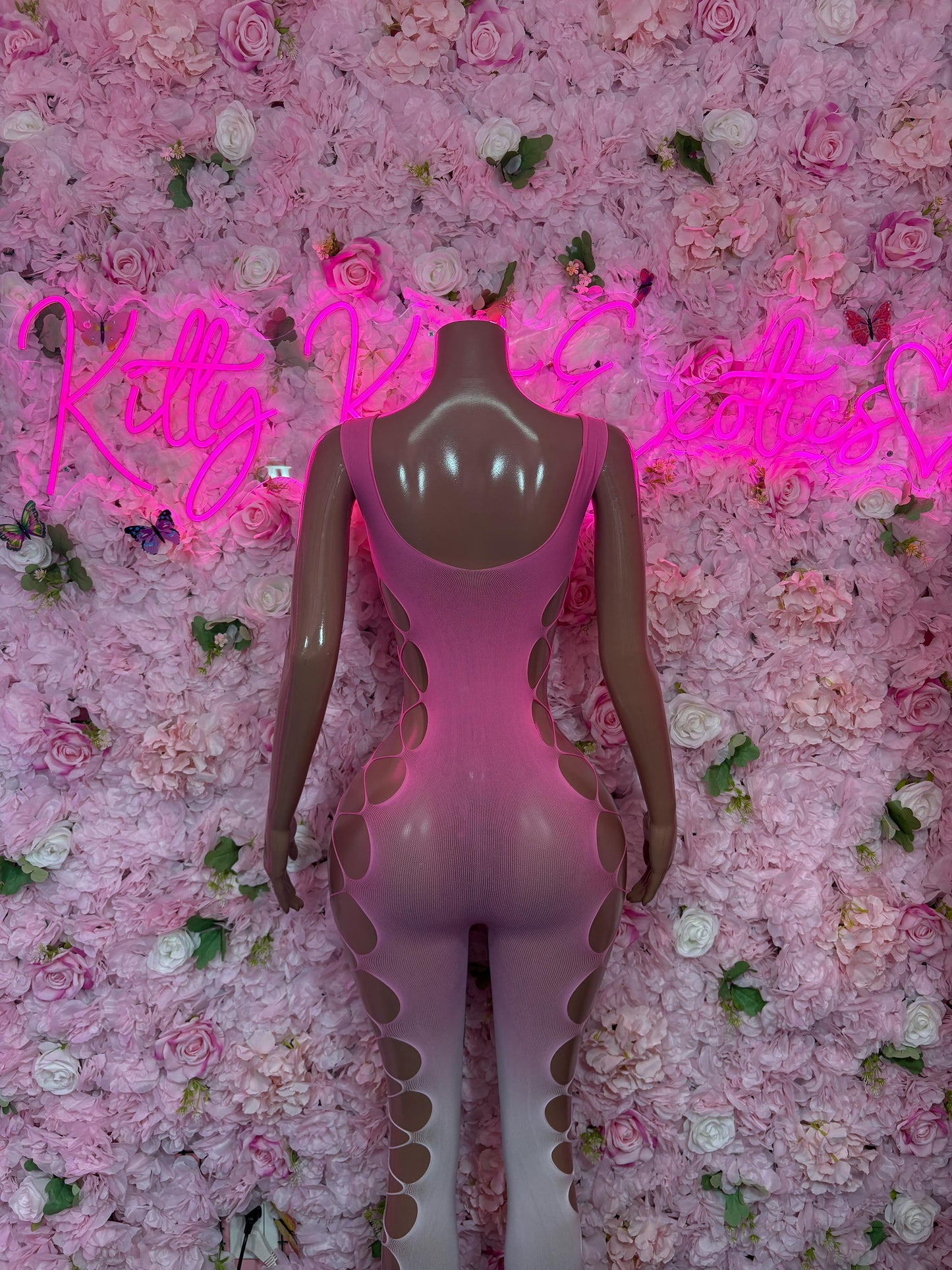 Custom Exotic Dancewear One-Piece Pink Fishnet Bodysuit Rave Outfit | Festival wear
