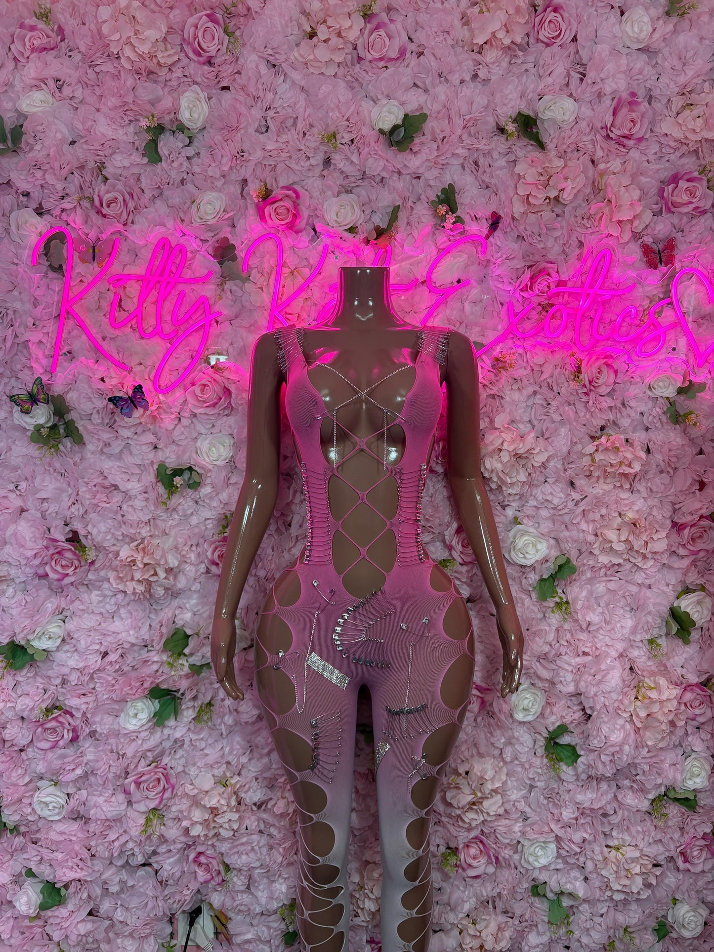 Custom Exotic Dancewear One-Piece Pink Fishnet Bodysuit Rave Outfit | Festival wear