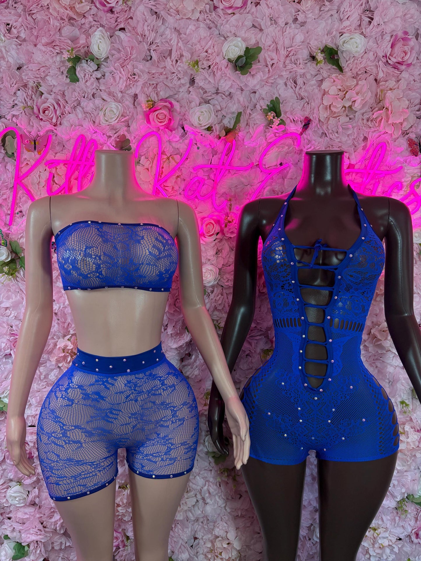 Exotic Dancewear Two-Piece Blue Fishnet Bodysuit Rave Outfit | Festival wear