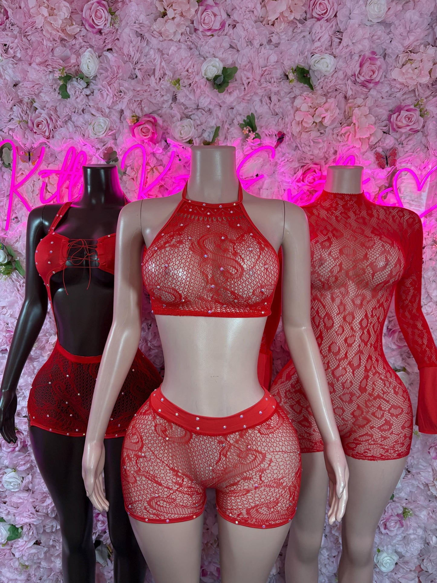 Exotic Dancewear Two Piece Fishnet Red Dancewear Exotic Wear Festival Wear