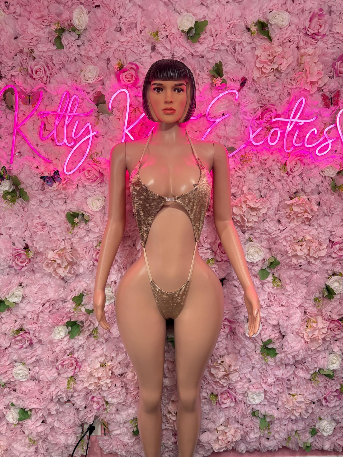 Exotic Dancewear One Piece Nude Velvet Slingshot - Rave Oufit, Bartender Sexy for Performers, Events