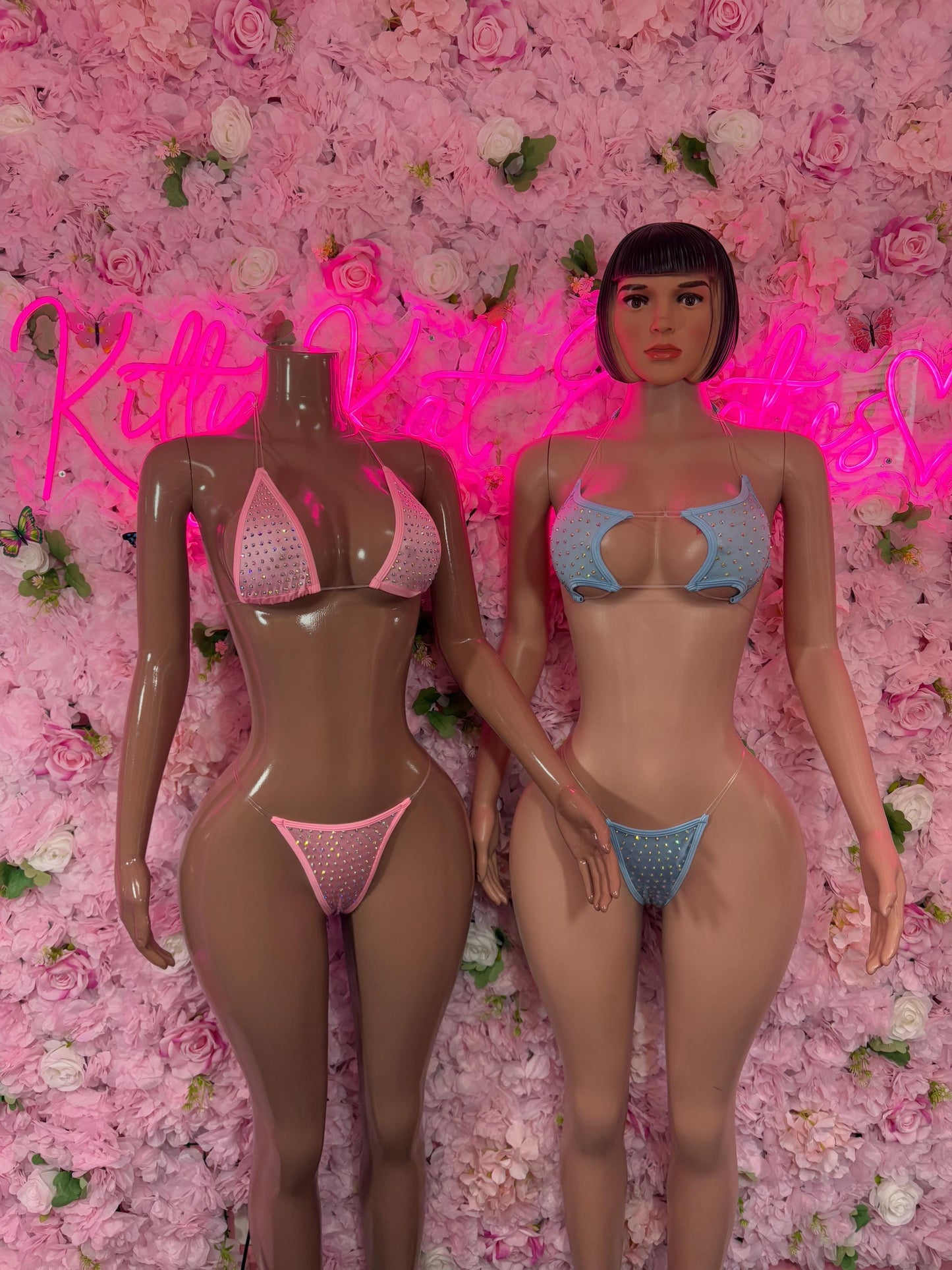 Womens Festival Outfit Two-Piece Pink Rhinestone Bikini Sparkly Stripper Outfit, Festival & Dancer