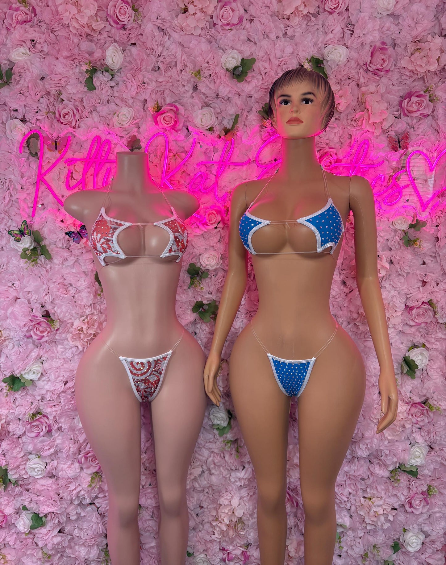 Rave Outfit Two Piece Red Rhinestone - Exotic Dancewear Bikini Set | Festival Sparkle Outfit | Stripper Clubwear | EDM Costume |