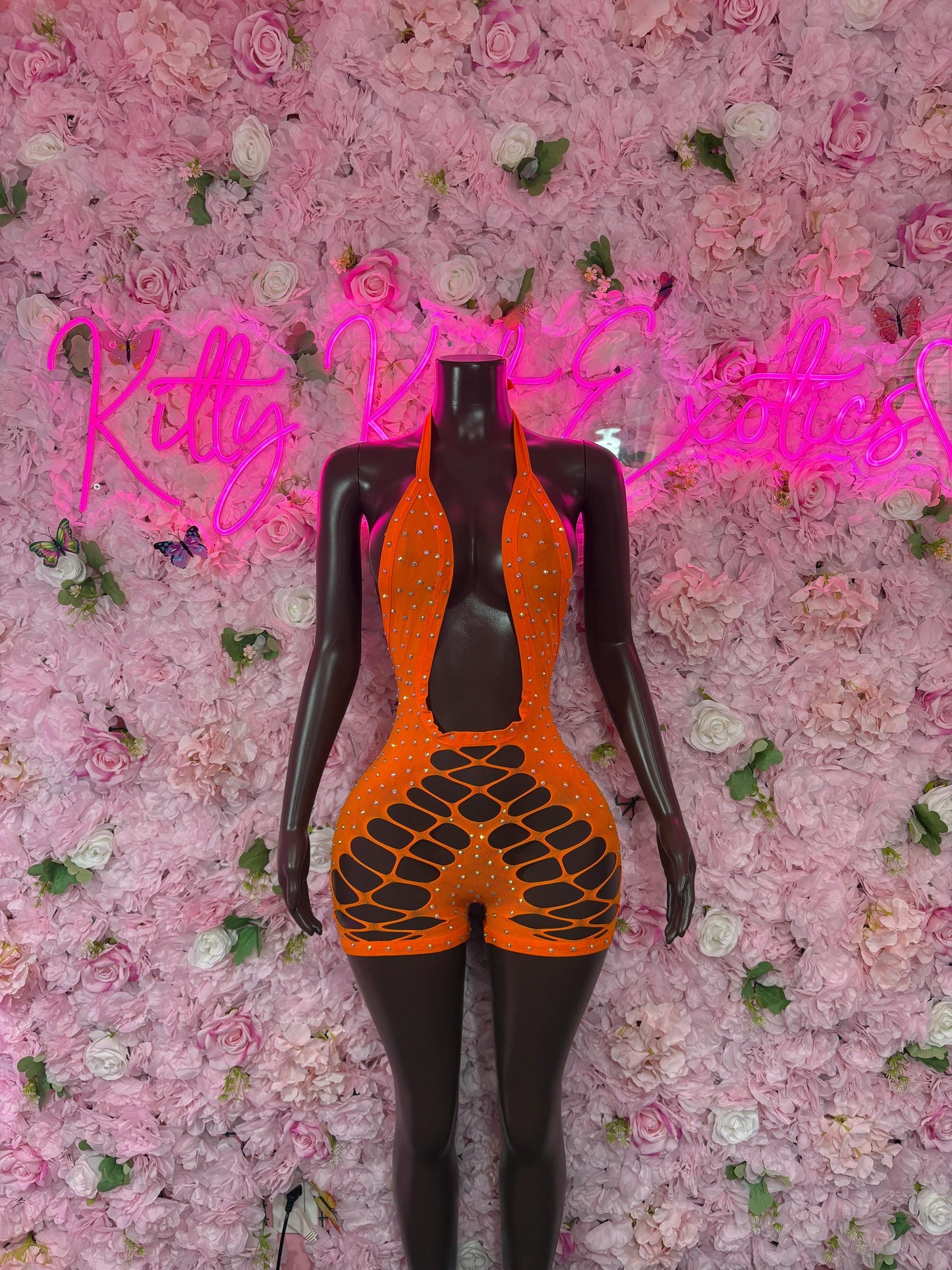 Exotic Dancewear One-Piece Orange Fishnet Bodysuit Rave Outfit | Festival wear