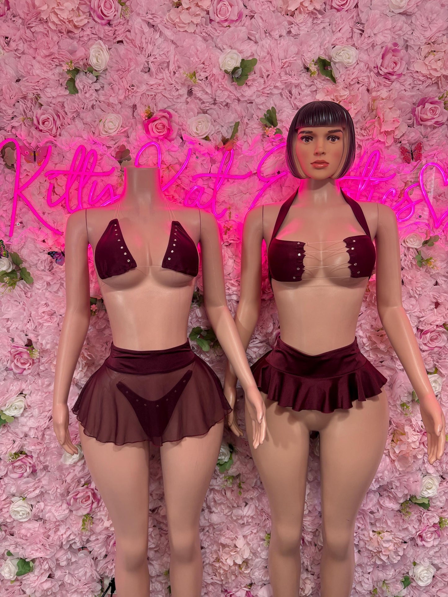 Exotic Dancewear - Two Piece Skirt Set - Burgundy - Sexy Festival Outfit, Clubwear, Performance Costume, EDM Party Wear