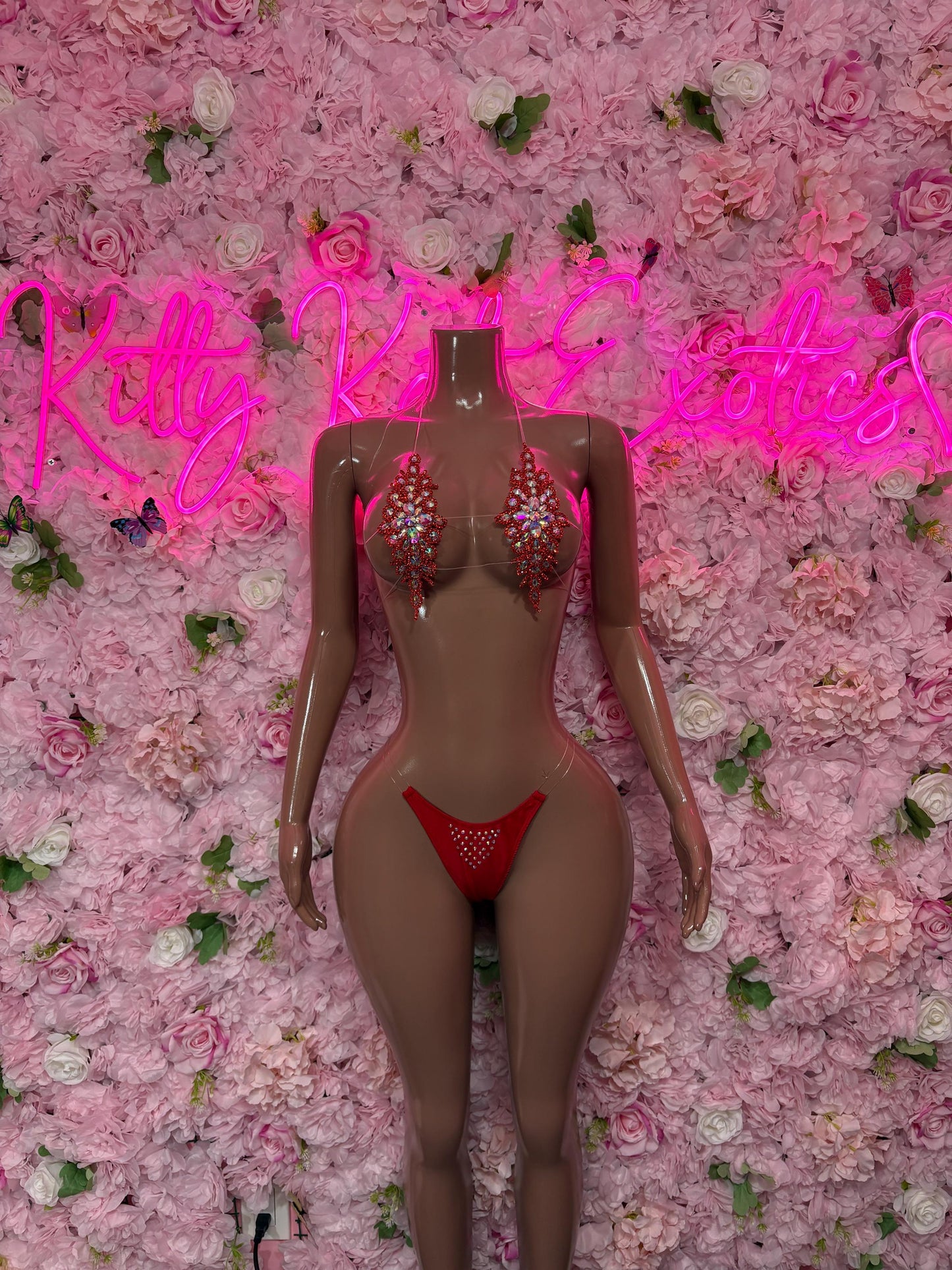 Rave Two Piece Red Rhinestone Bikini Set Dancewear Festival Wear Exotic Ravewear Costume Performer Outfit
