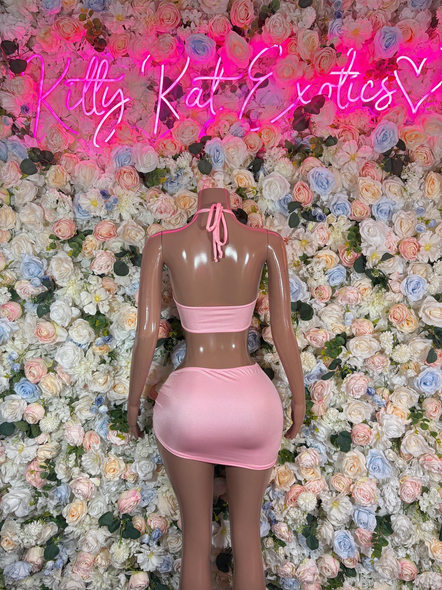 Pink halter mini skirt set with ruched bodice and drawstring waist