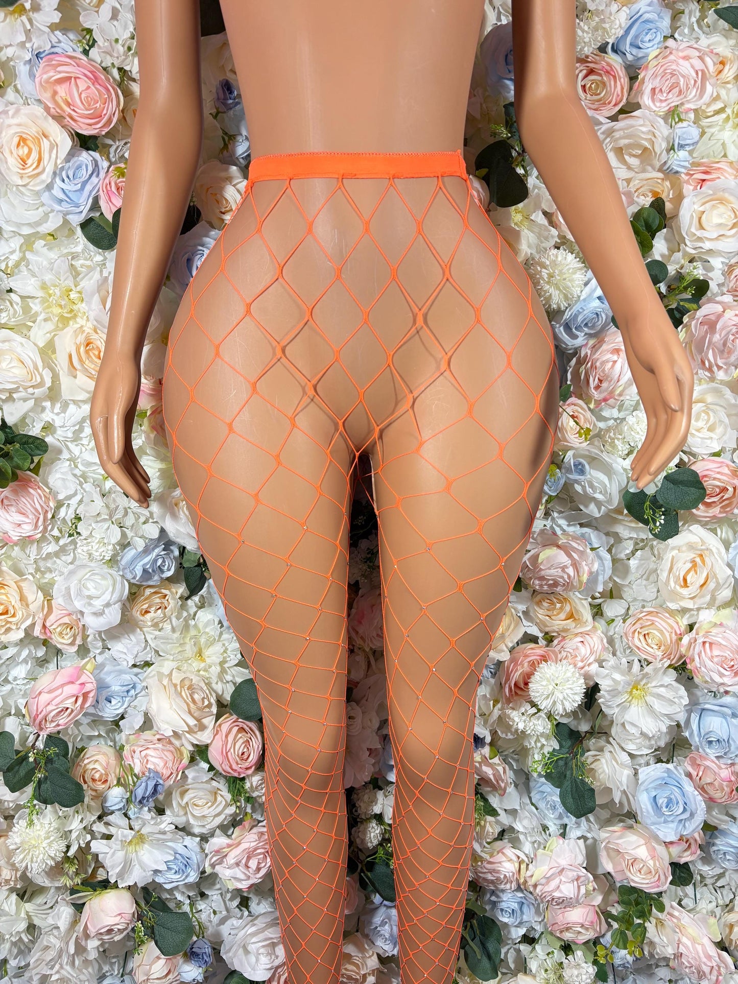 Rhinestone Fishnet Orange Leggings Exotic Dancewear, Rave Wear, Festival Outfit, Sparkle Tights, Performance Costume, Clubwear Accessories