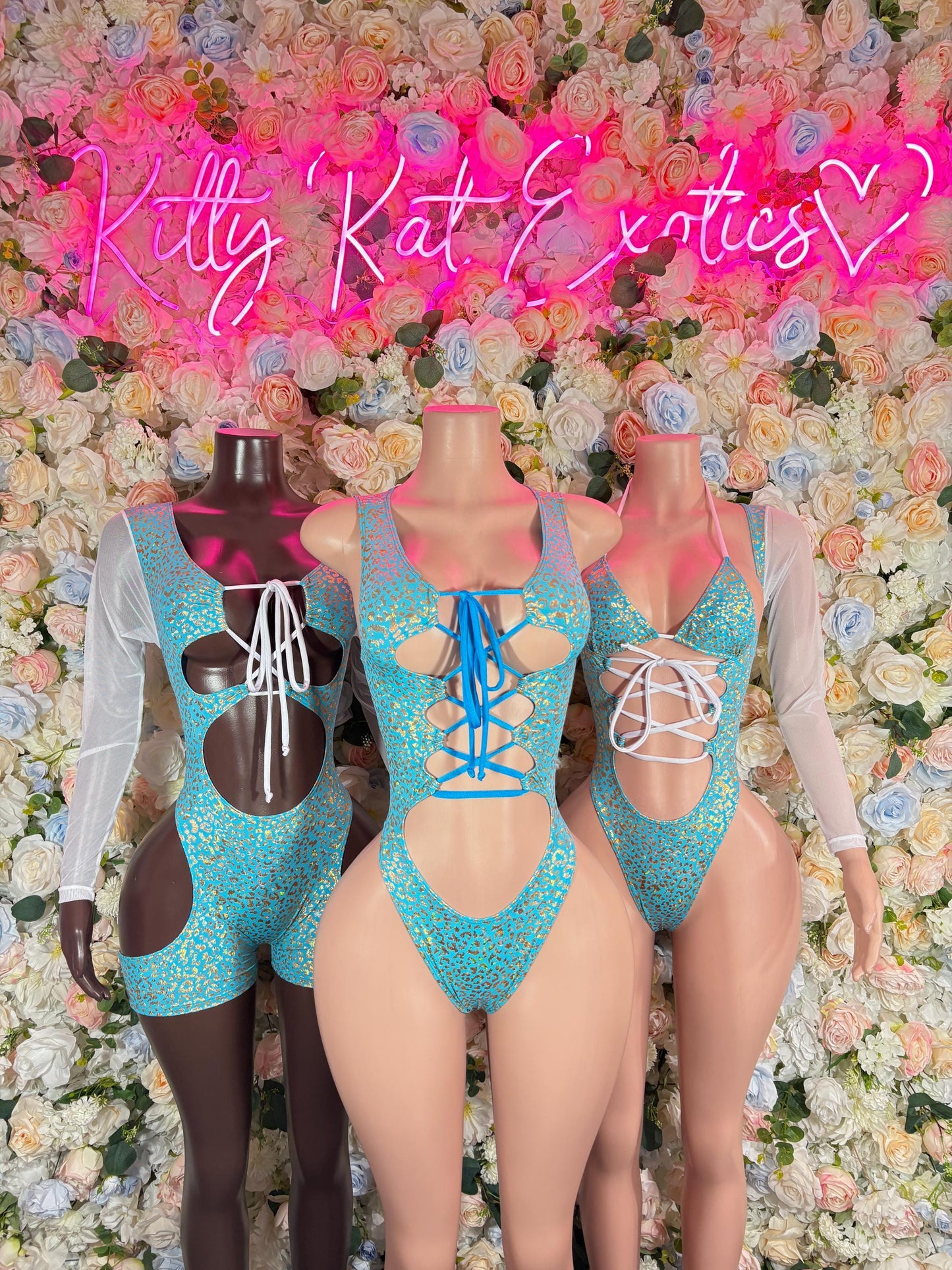 Bottle Girl Bodysuit Aqua Cheetah Outfit, Bartender Uniform, Rave Festival Wear, Exotic Dancewear, Clubwear Costume, Waitress Set