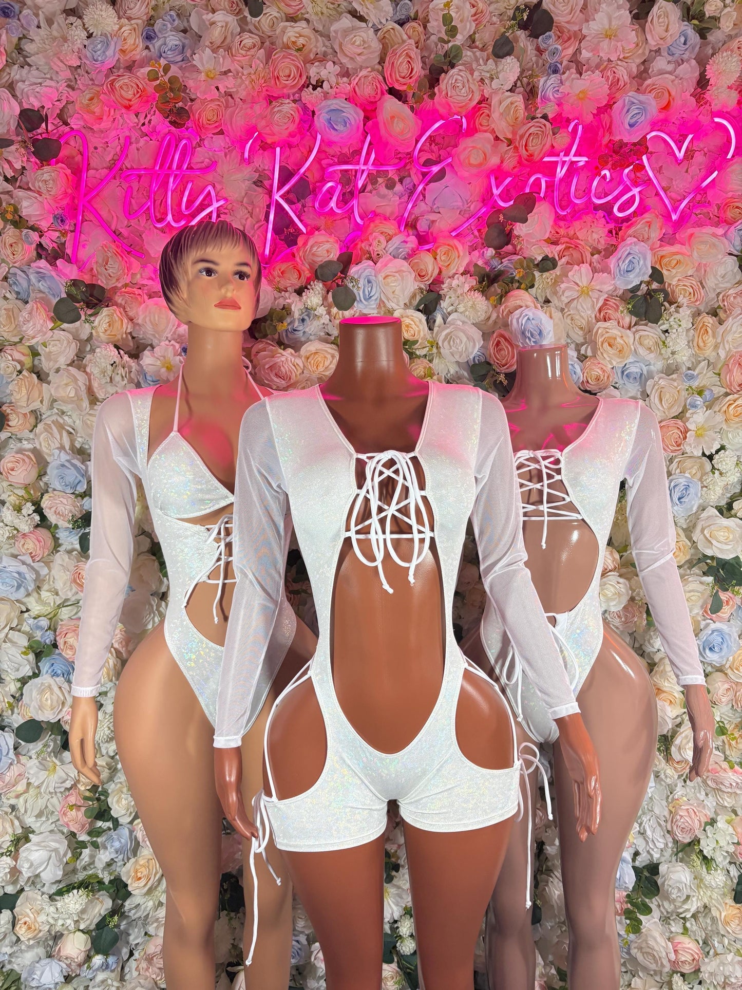 Bottlegirl Outfit Bodysuit Summer White Metalic Design | Exotic Dancewear for Performers, Rave Outfits