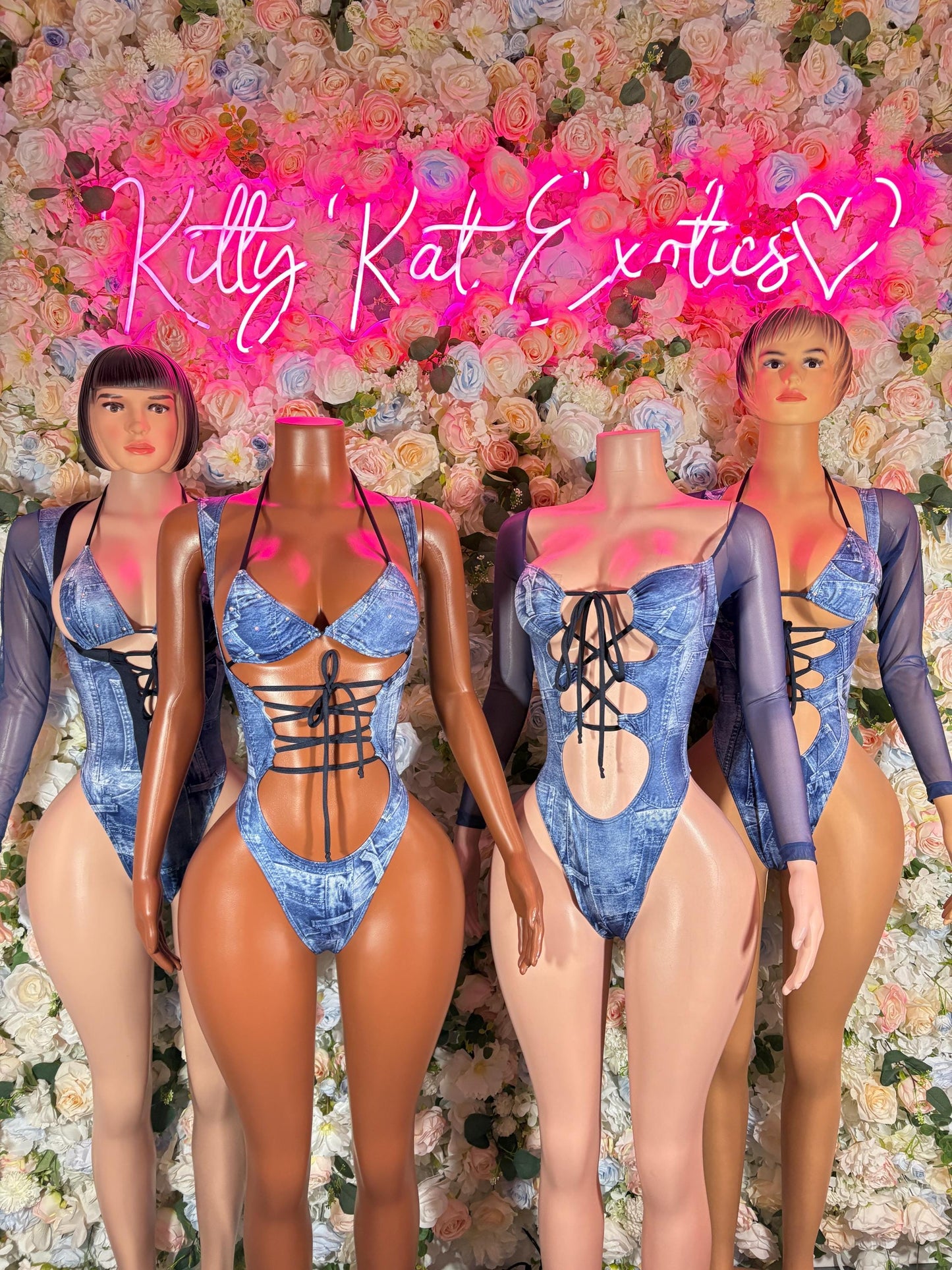 Denim Print Bottle Girl One-Piece Bodysuit - Custom Design | Exotic Dancewear for Performers, Raves, & Nights Out