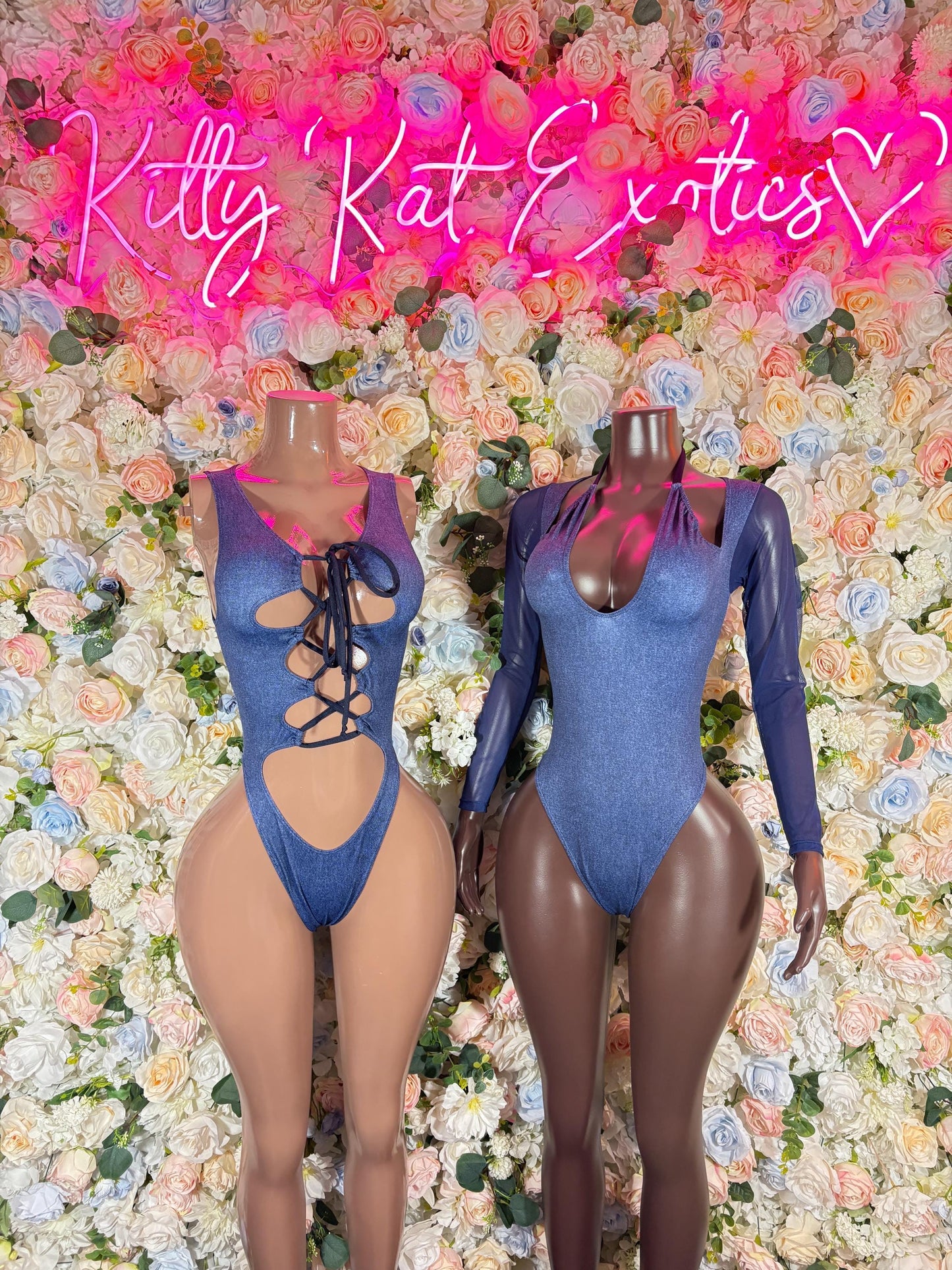 Denim Print Bodysuit Bottle Girl One-Piece - Custom Design | Exotic Dancewear for Performers, Raves, & Nights Out