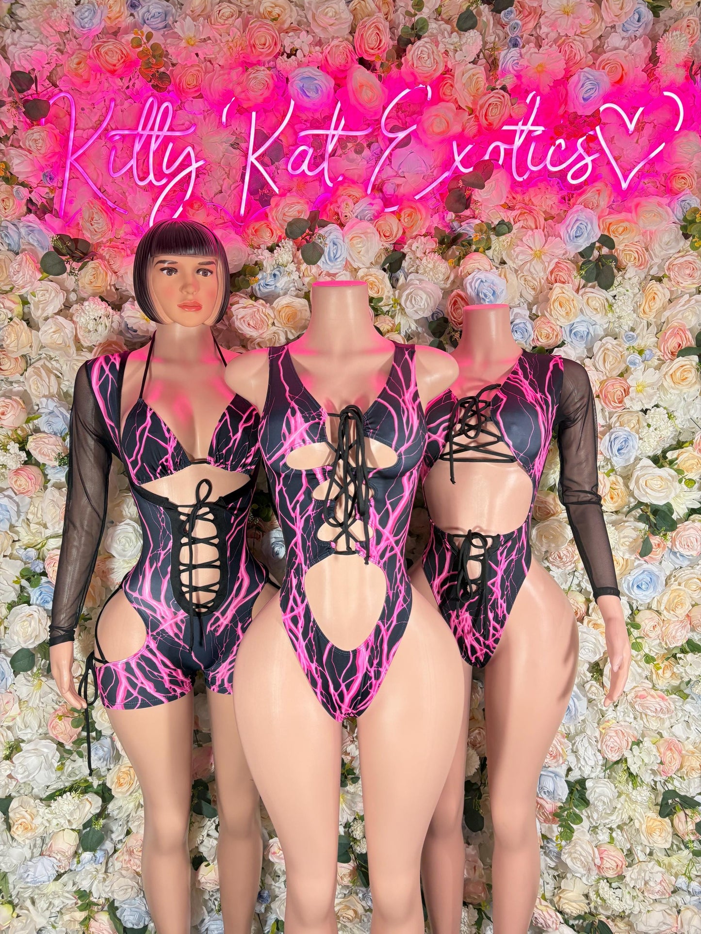 Bottlegirl Outfits One-Piece Bodysuit Pink Lightening - Custom Design | Exotic Dancewear Rave Outfits