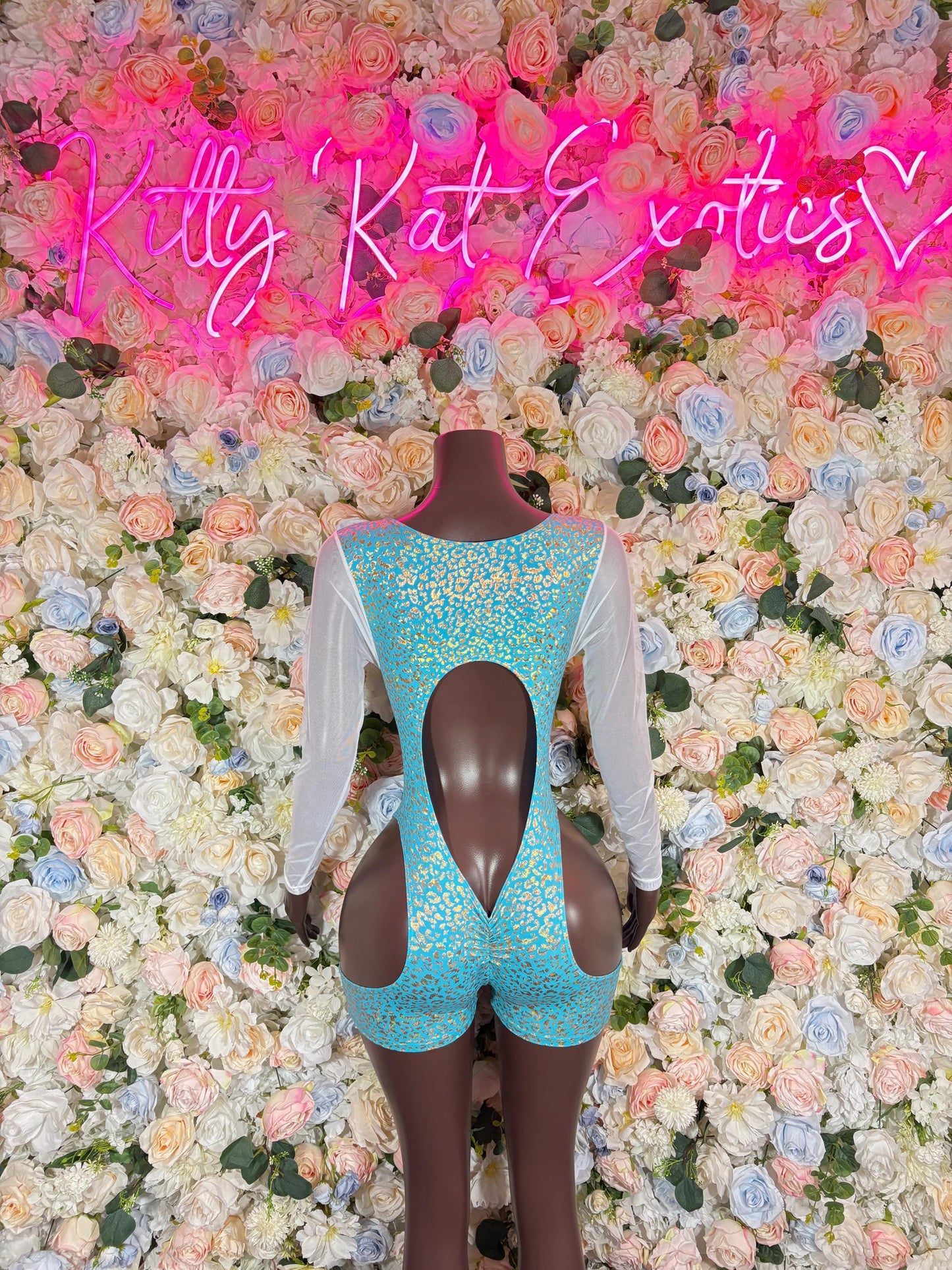 Bartender Bodysuit Aqua Cheetah Outfit, Bartender Uniform, Rave Festival Wear, Exotic Dancewear, Clubwear Costume, Waitress Set