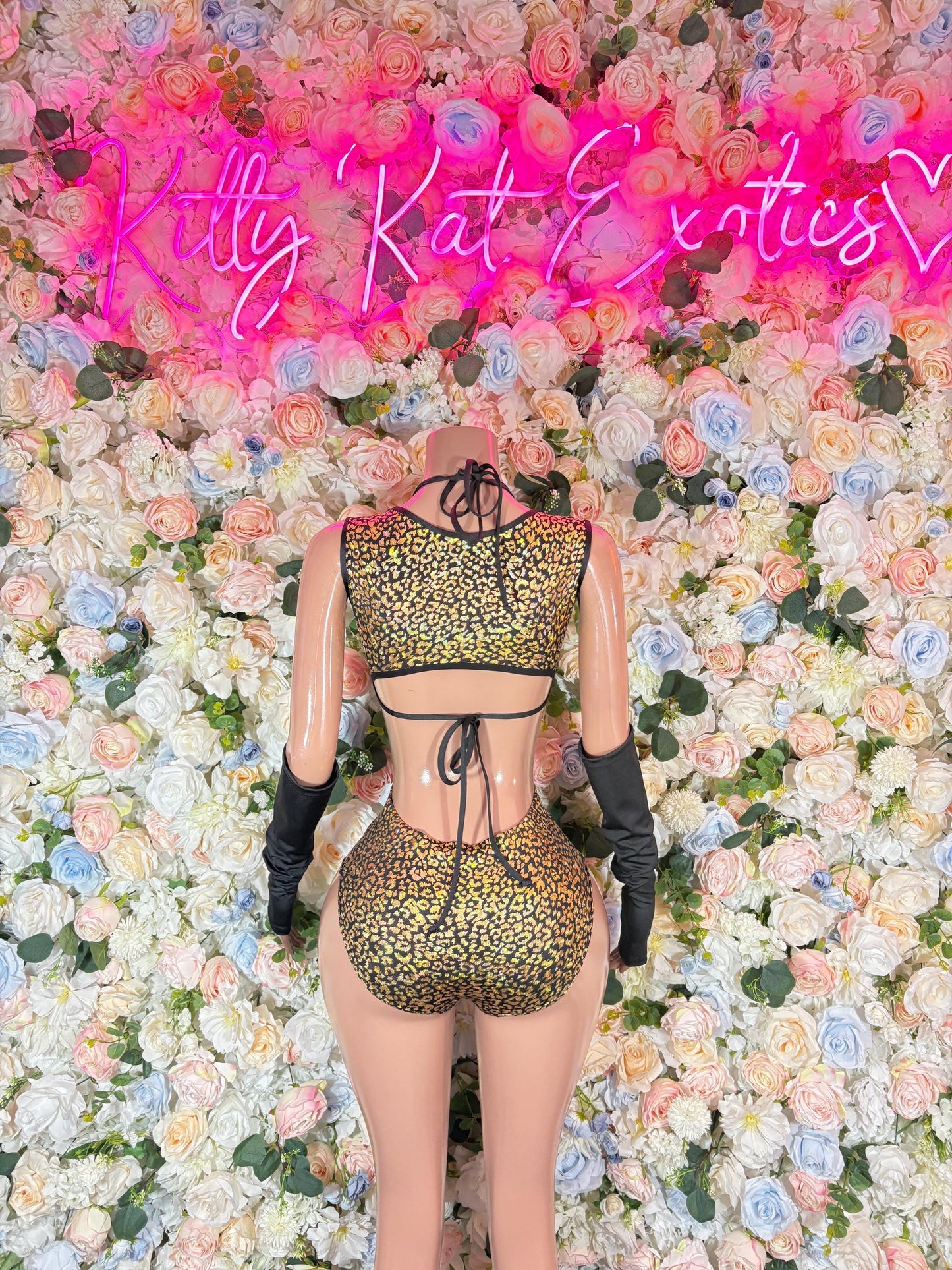 Bottlegirl Teo-Piece Gold Cheetah Bodysuit With Sleeves Exotic Dancewear for Performers, Raves, or Night Out | Bottle girl Outfits