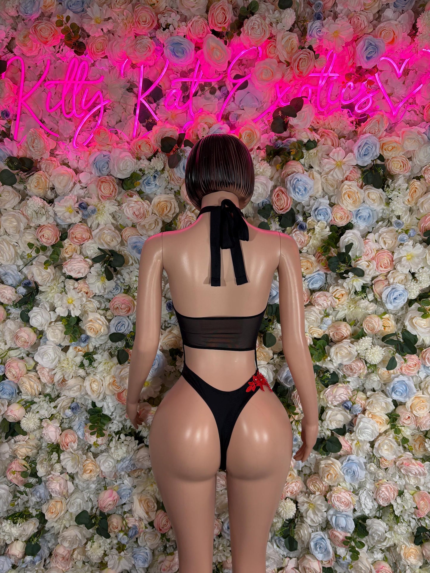 Bottlegirl Bodysuit One Piece Black Red Rose Bodysuit Exotic Dancewear for Performers, Raves, or Night Out | Sexy and Flattering Style