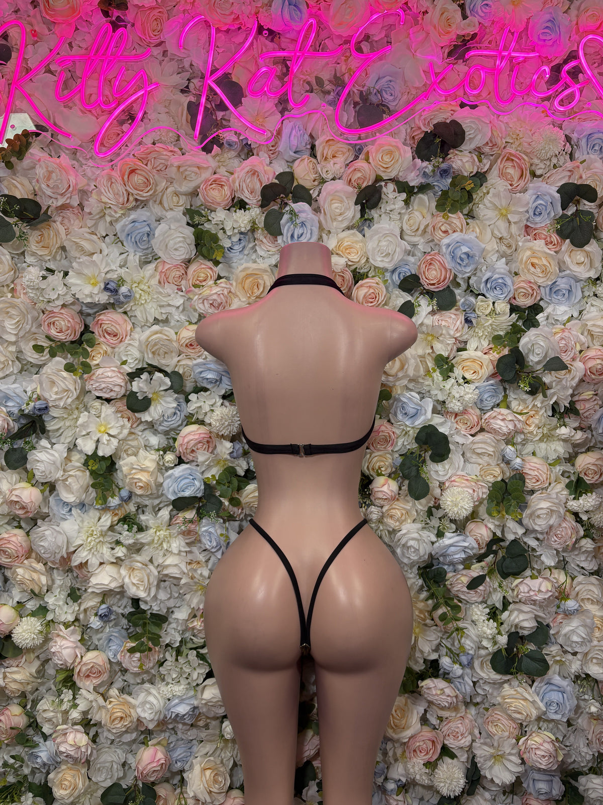 Back view of black string bikini bottoms with metallic gold bandeau-style top