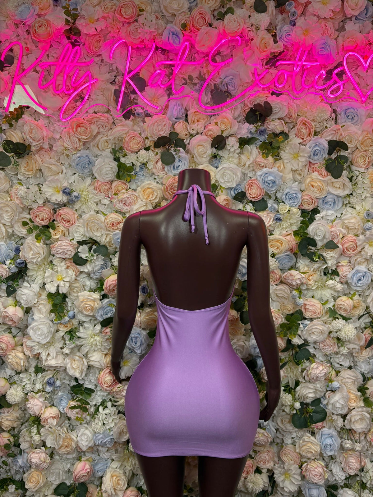 Lavender deep plunge mini dress, open back with tie bow