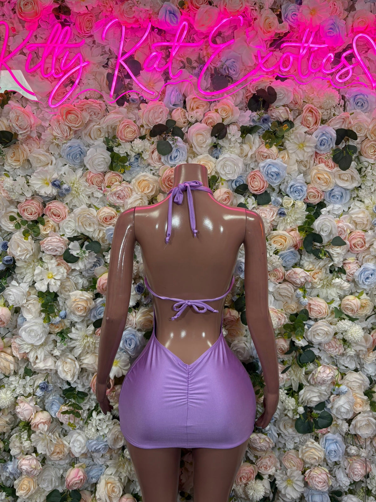 Lavender open-back bodycon mini dress with lace-up back and thin straps