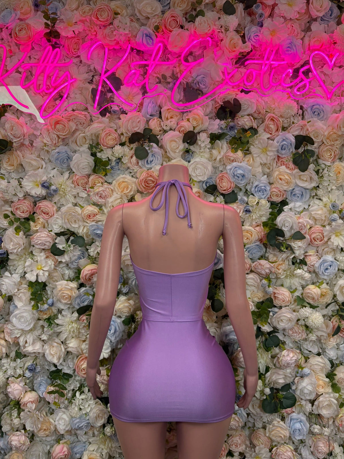 Lilac halter-back mini dress with open back and ruched tie detail