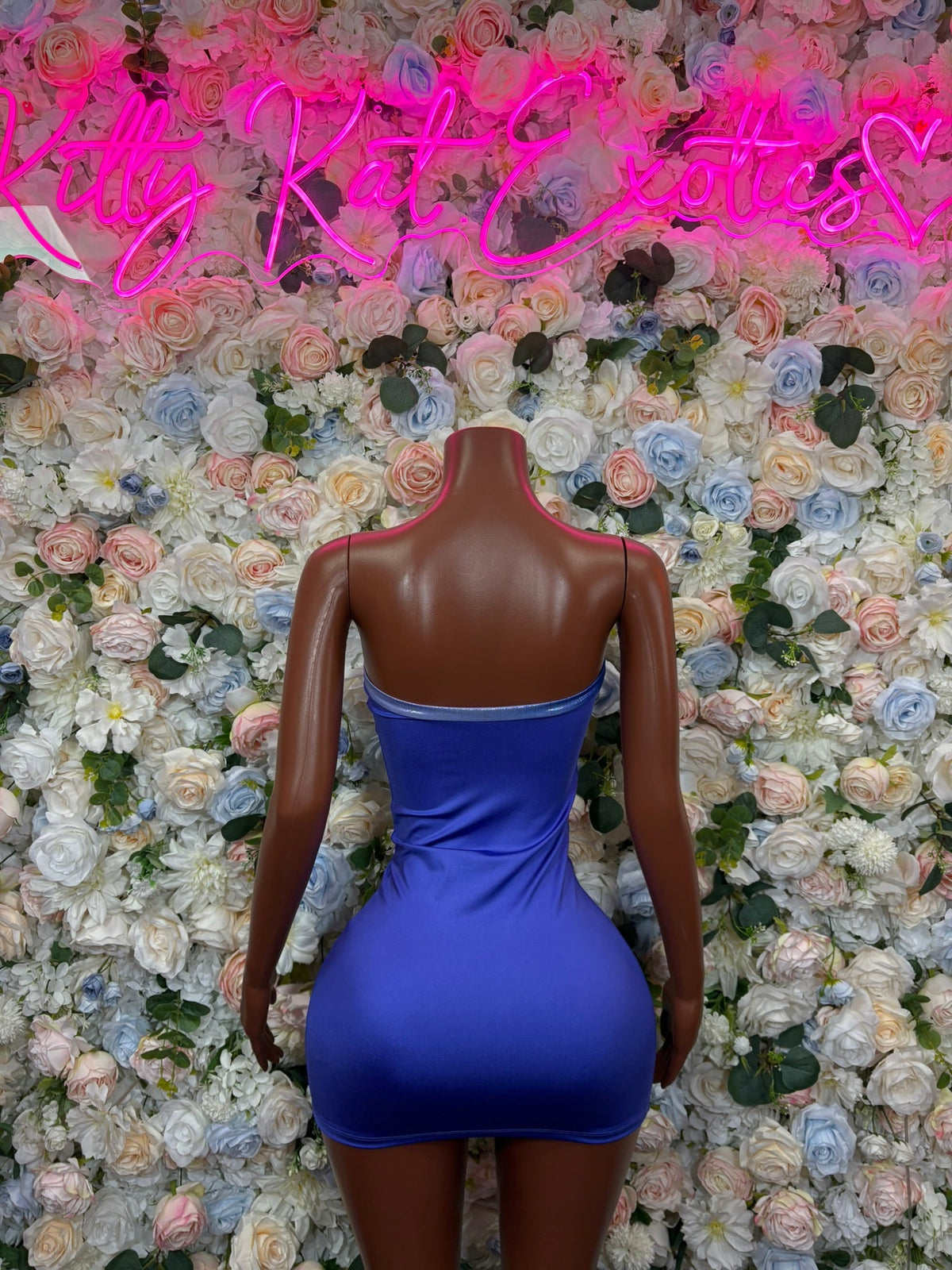 Blue lace-up mini dress, backless open back with ruched fitted bodycon look