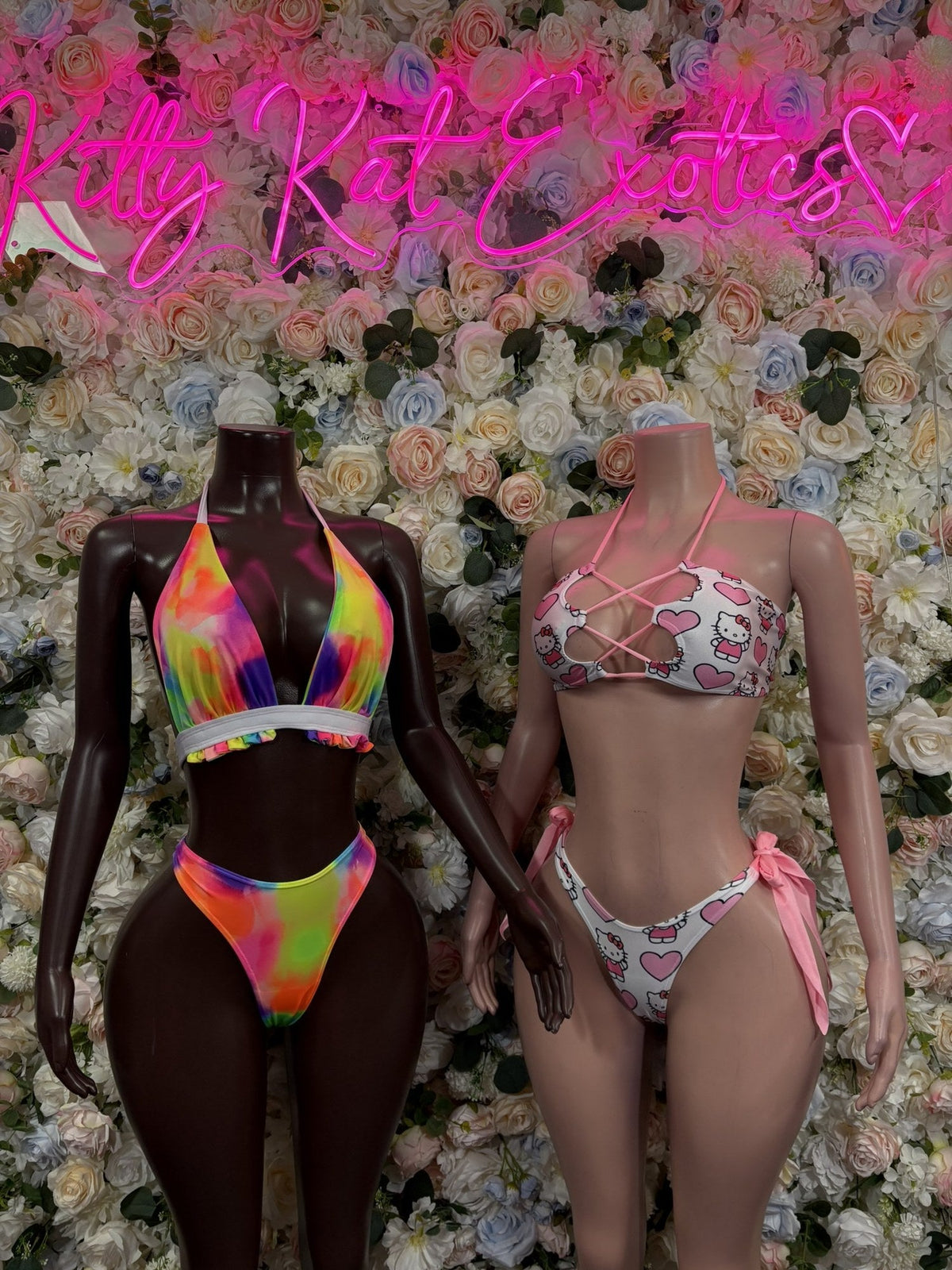 Rainbow multicolor halter bodysuit shown from the front, with a deep V neckline and high-cut bottom.