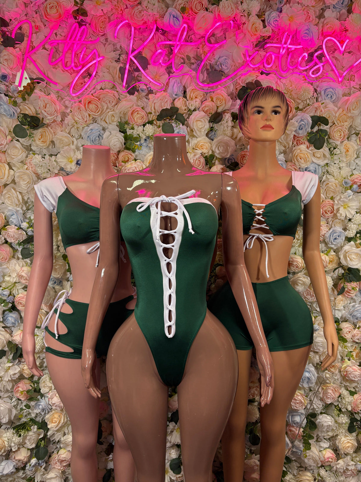 Green football player inspired lace up bodysuit group styling photo