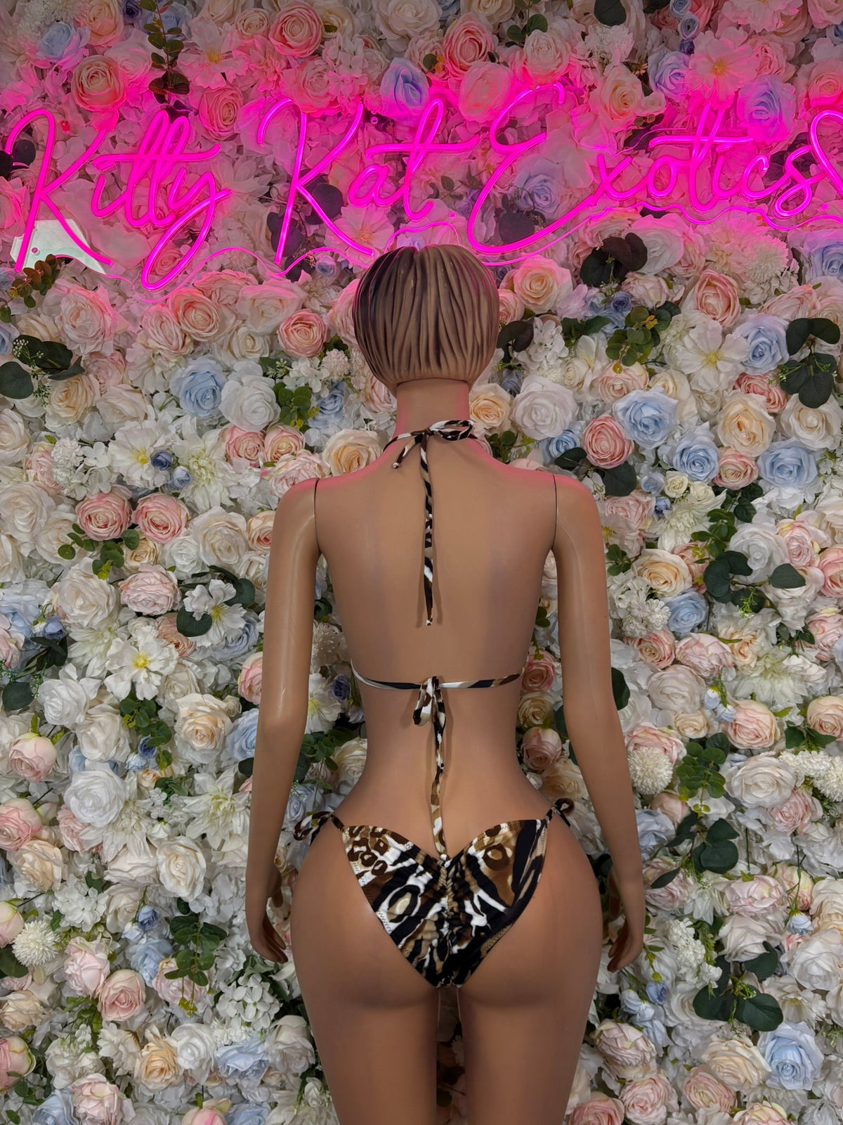 Leopard print triangle bikini set with open-back straps and tie-side bottoms