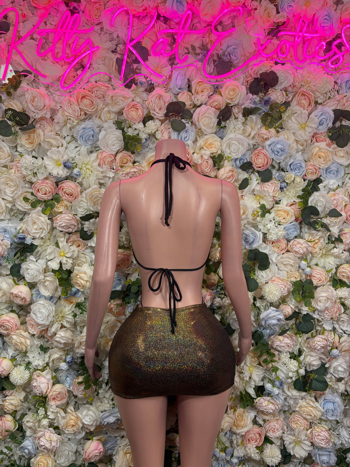 Black Gold Metallic Cutout Mini Dress back view