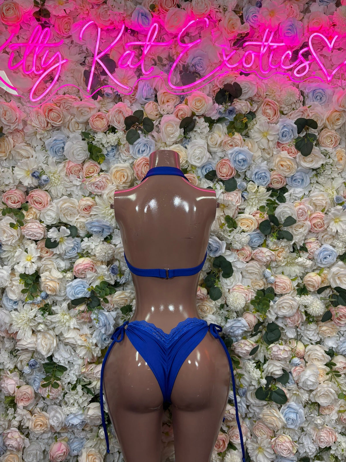 Royal blue rhinestone halter bikini set, open back with tie straps, back view