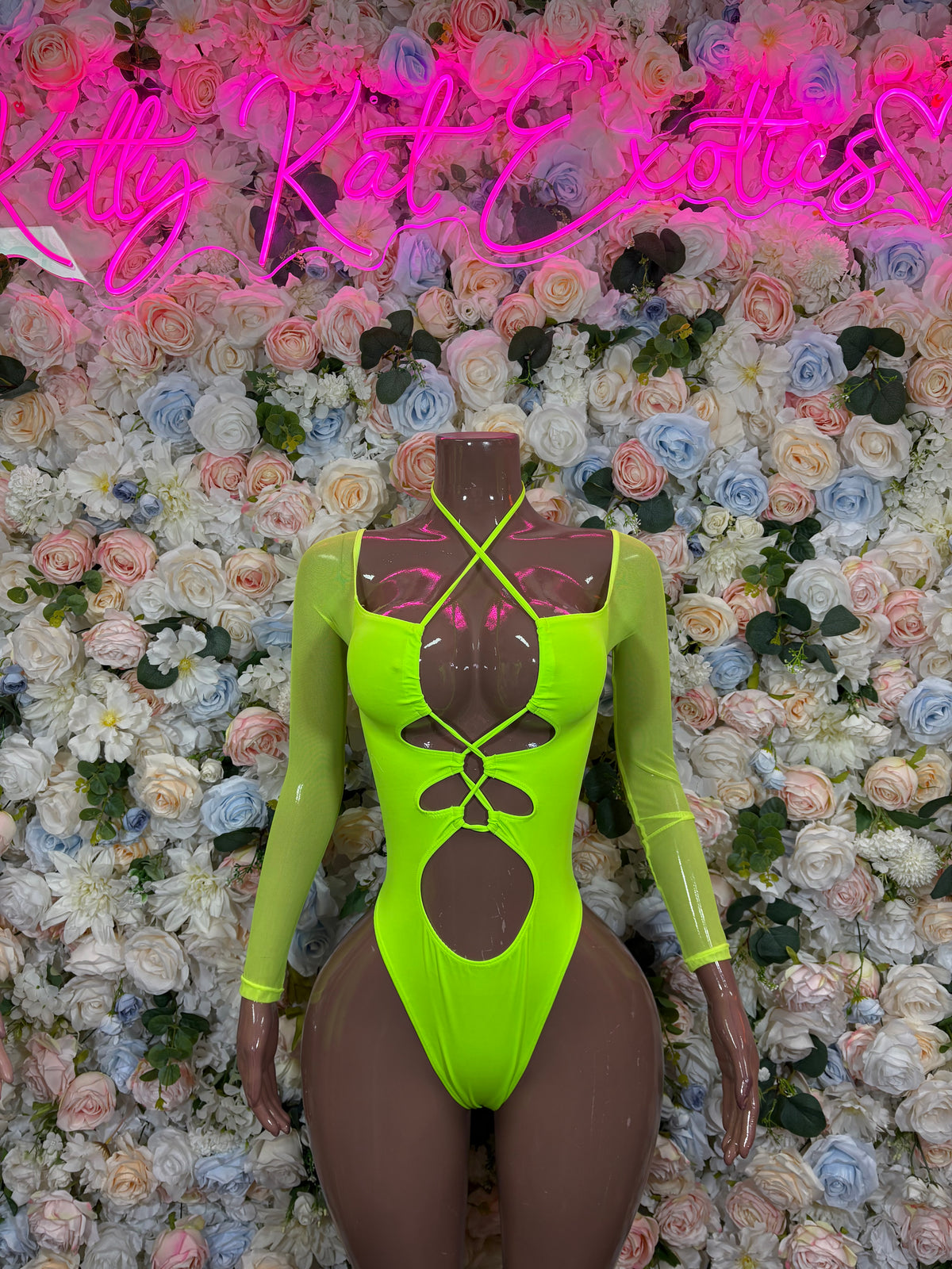 Neon Green Bottlegirl Bodysuit, Long Sleeve Rave Outfit, Festival Clubwear