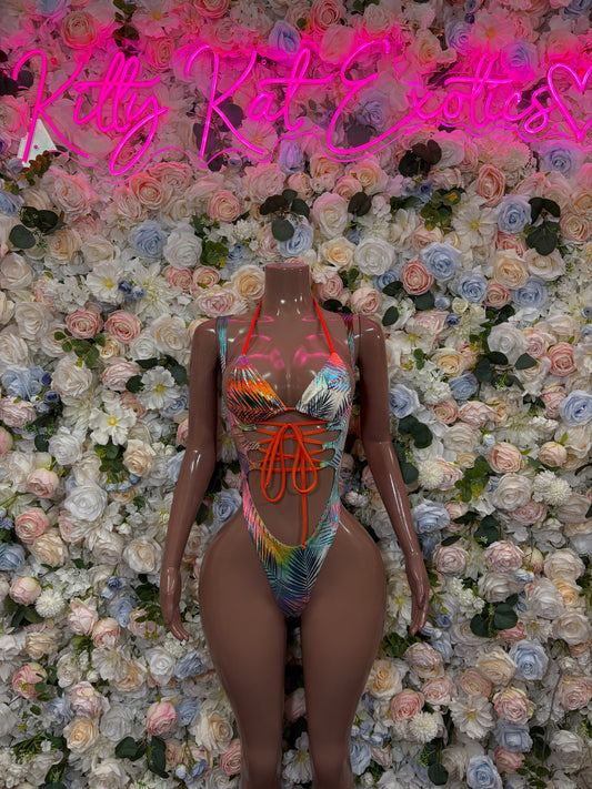 Orange tropical print bodysuit with multicolor center graphic