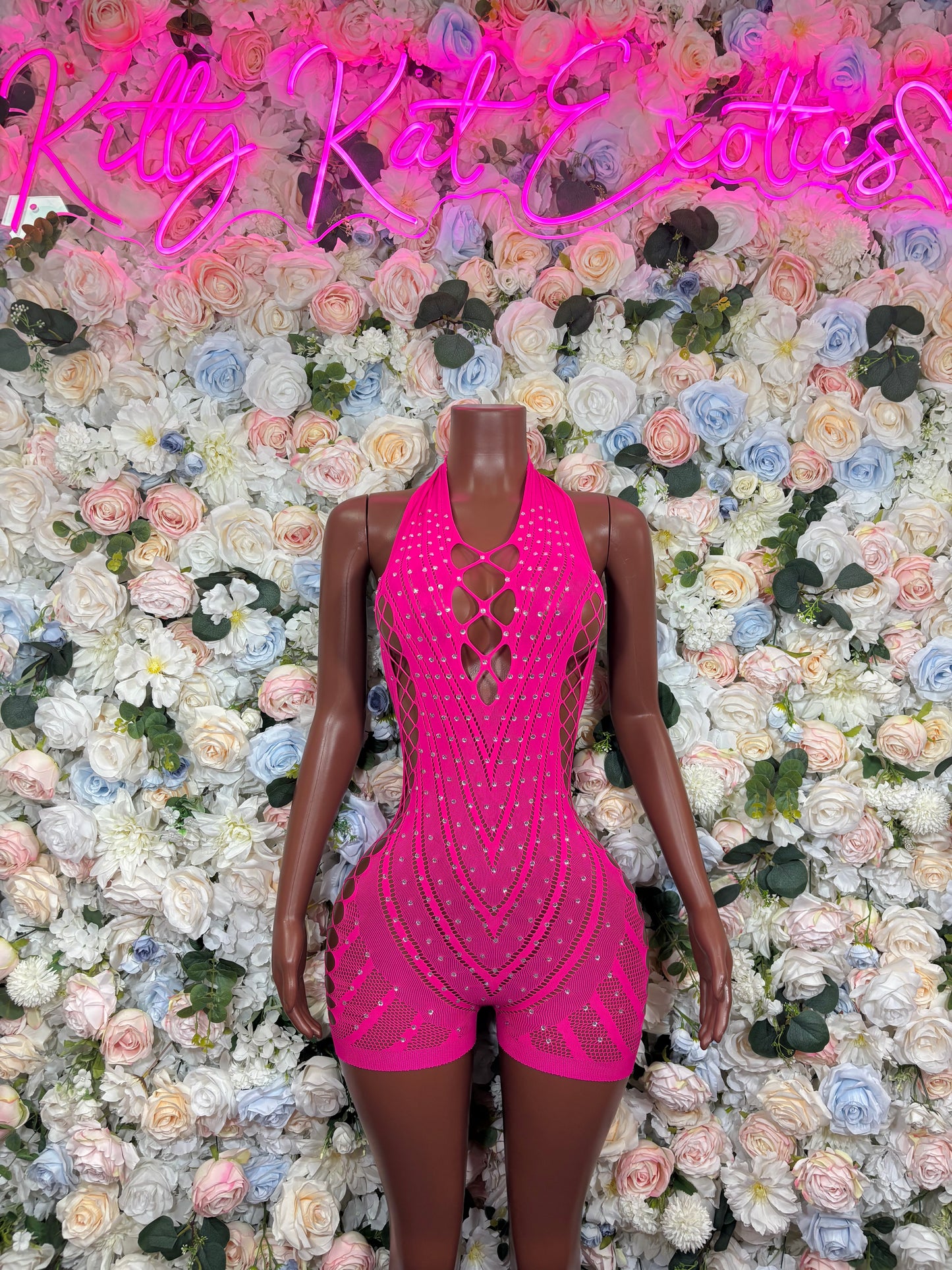 Hot Pink Rhinestone Fishnet Romper Halter Rave Bodysuit Festival Outfit Sexy Mesh Shorts