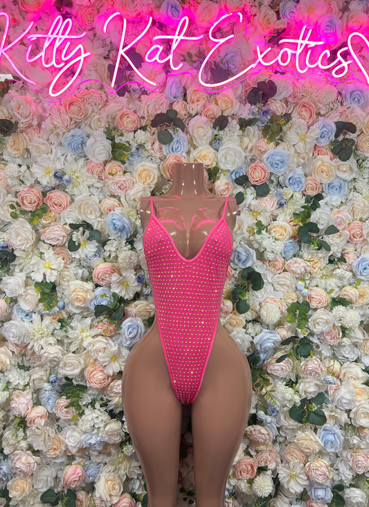 Pink rhinestone deep V bodysuit with thin straps and jeweled coverage