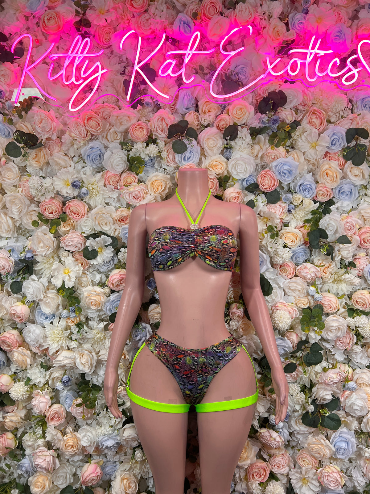Snake Print Bikini Neon Two-Piece Set Rave Oufit– Exotic Dance & Rave wear Clothing