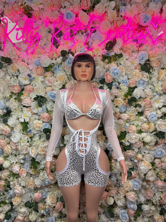 Bottlegirl Bodysuit Silver Cheetah One Piece - Hologram Design | Exotic Dancewear for Performers, Raves