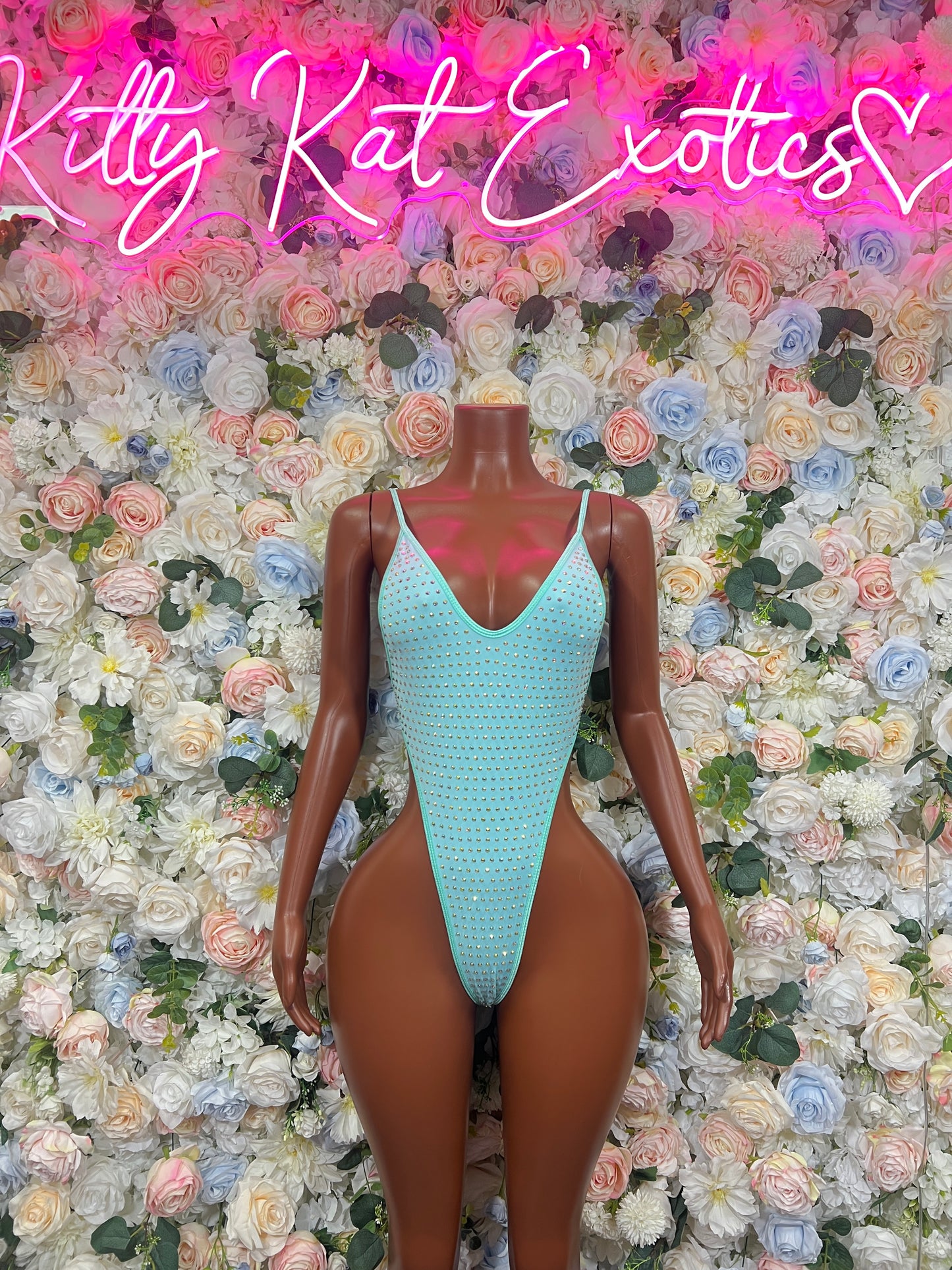Turquoise rhinestone one-piece bodysuit with V-neck and thin straps