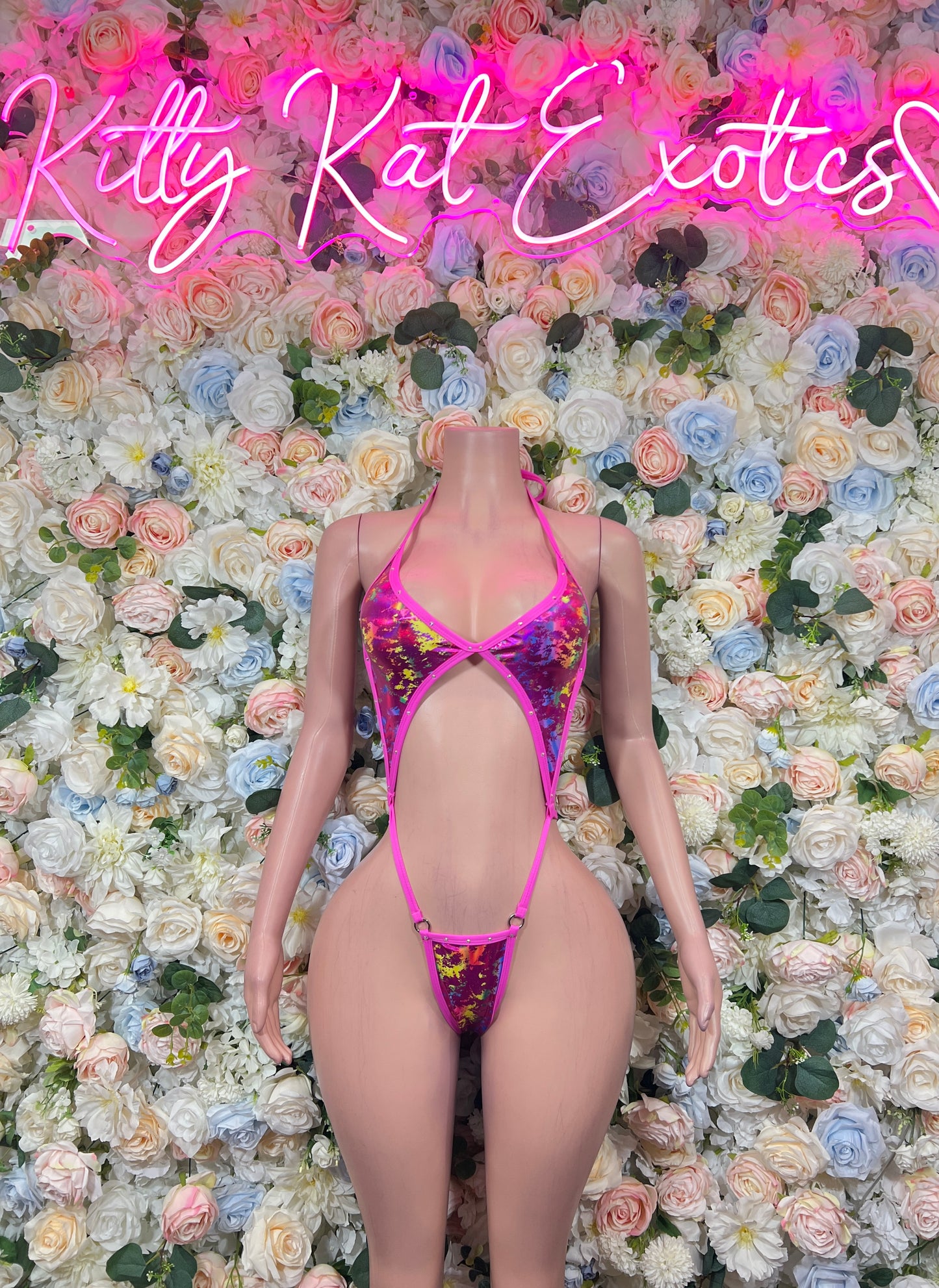 Hot Pink Holographic Metallic Cutout Halter Bodysuit Rave Festival