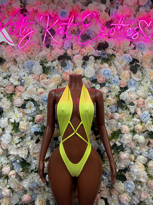 Neon green halter one-piece bodysuit with lace-up crisscross front and high-cut legs