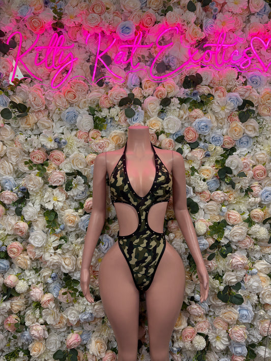 Camo-print bodysuit with deep V front and high-leg cutout, black and olive