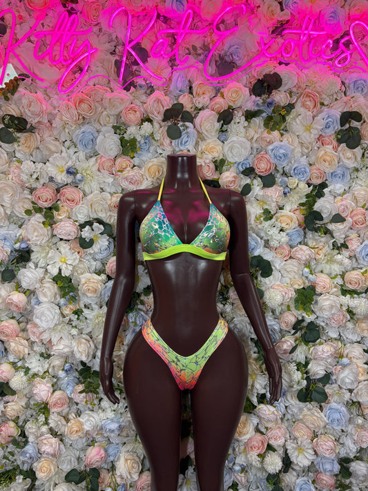 Rainbow print bikini set with neon green triangle top and string bottoms