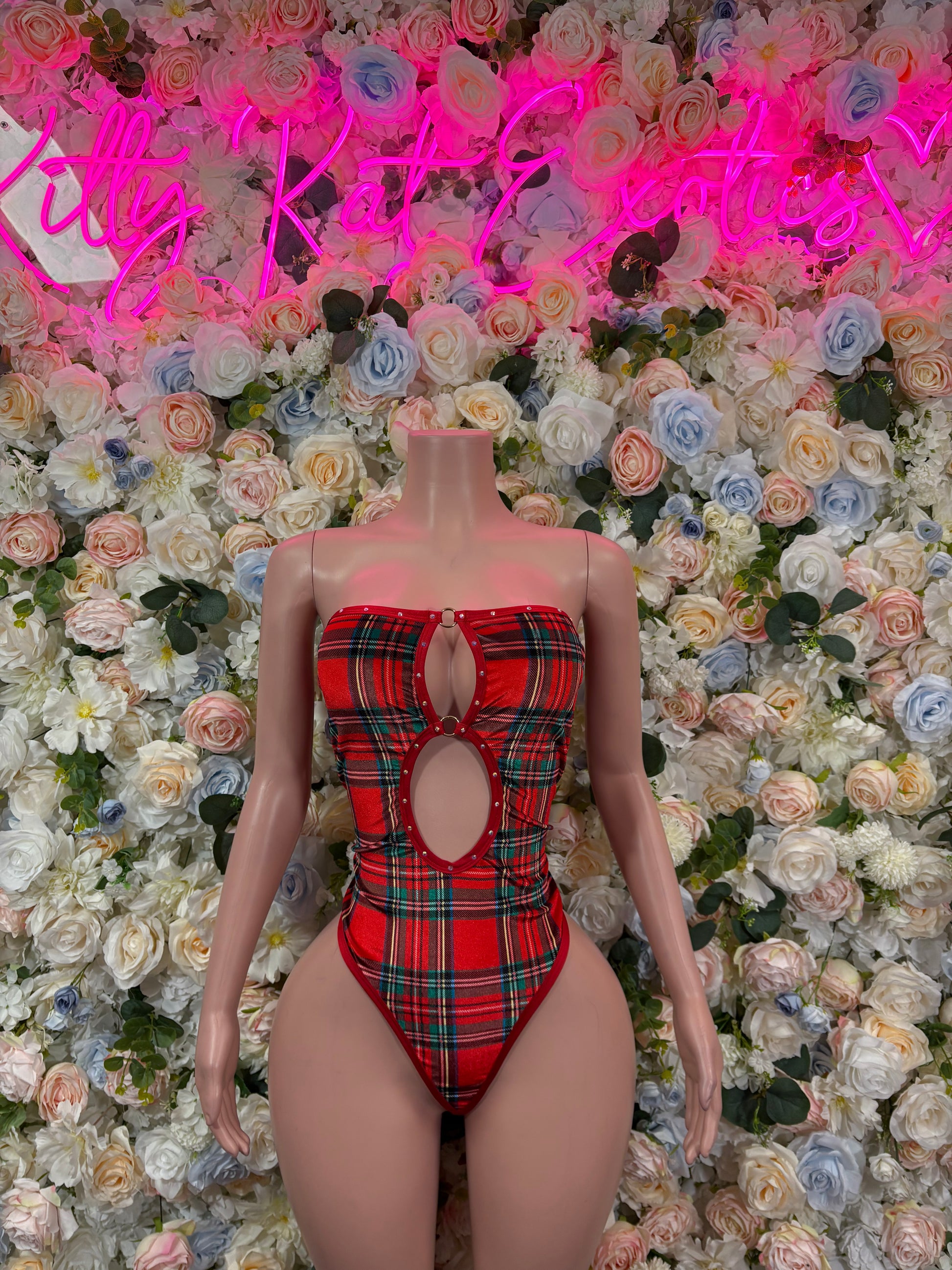 Red plaid holiday bodysuit with keyhole front cutout